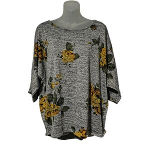 XL Short Doleman Sleeve Heathered Gray With Yellow Roses Soft Stretch Comfy